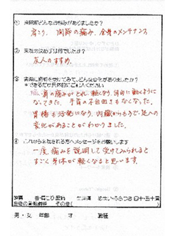 手首の不自由さがなくなった　70代・女性（市川市　菅野）