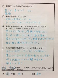 大学生さんの肩こりのアンケート